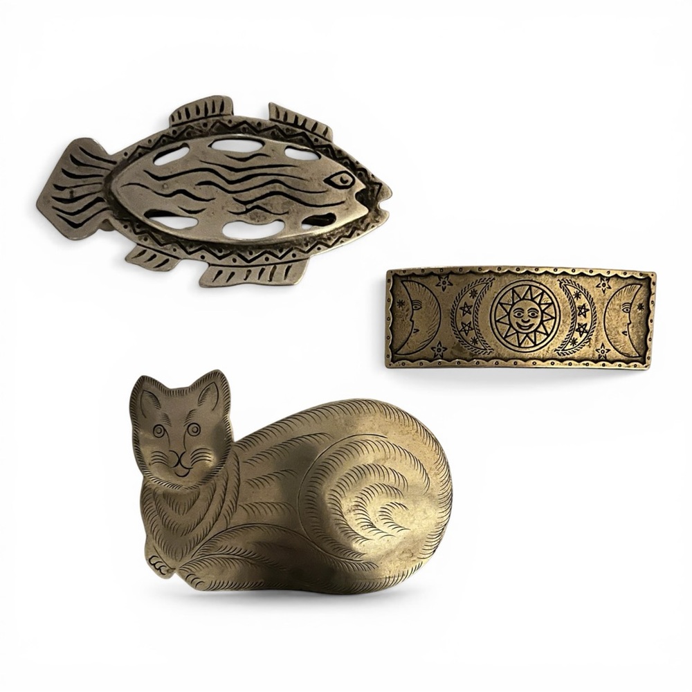 Vintage Hair Clips Lot Of 3 Barrette Etched Metal Cat FIsh Celestial folk art - Picture 13 of 13